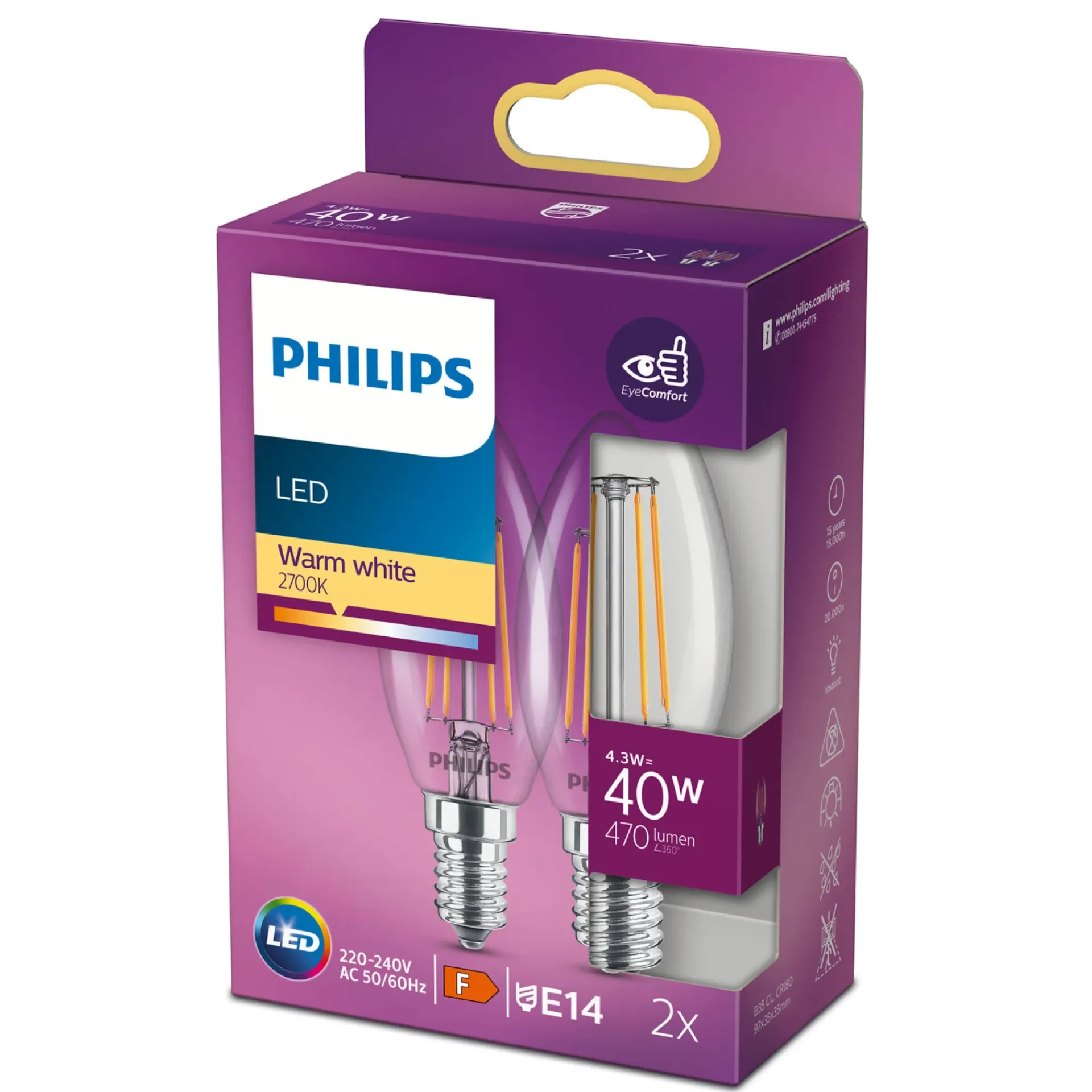 2-PAK KLAR LED PÆRE KERTE E14 4W|Philips New